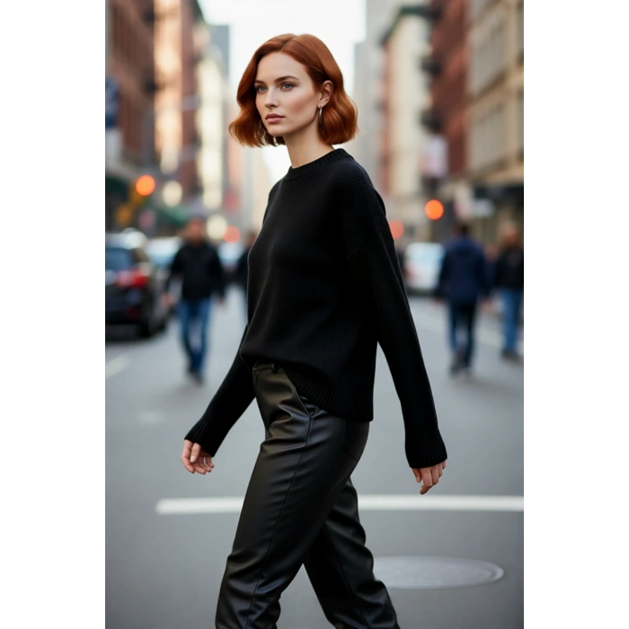 Kadın Düşük Kol Oversize Triko Kazak Bisiklet Yaka Yumuşak Dokulu Basic Kış Kombinleri İçin İdeal