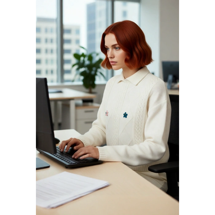 Kadın Düşük Kol Polo Yaka Saç Örgü Dokulu Crop Triko Kazak Bej Rengi Akrilik Günlük Şıklık