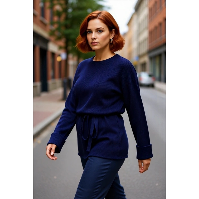 Kadın Düşük Kol Uzun Boy Bisiklet Yaka Relaxed Fitilli Triko Kazak Kış Sezonu İçin Şık Ve Konforlu