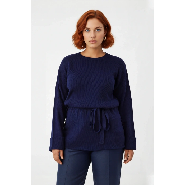 Kadın Düşük Kol Uzun Boy Bisiklet Yaka Relaxed Fitilli Triko Kazak Kış Sezonu İçin Şık Ve Konforlu