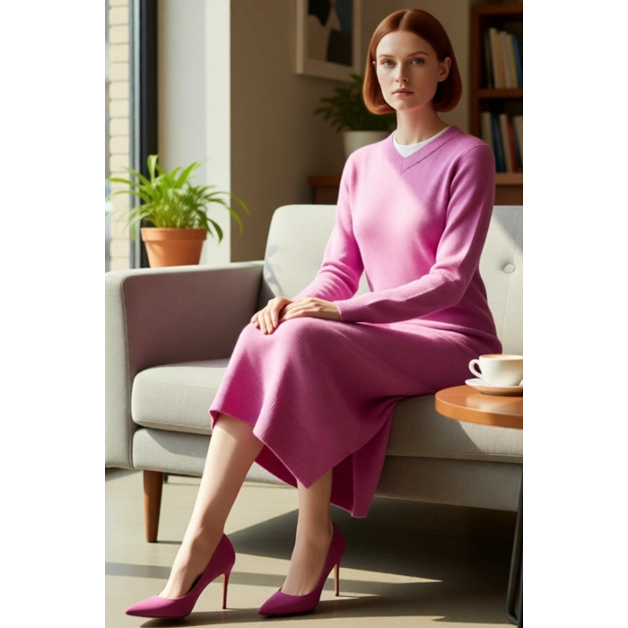 Kadın Düşük Kol V Yaka Shift Siluet Maxi Boy Triko Elbise Kuşaklı Soğuk Hava Şıklığı Kaliteli