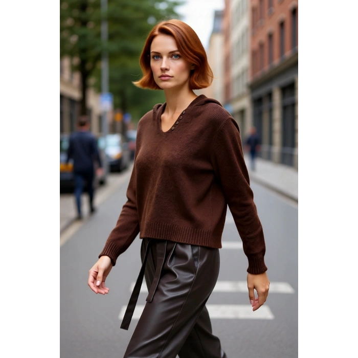 Kadın Düşük Kollu Kahverengi Oversize Triko Kazak Kapüşonlu V Yaka Detaylı Rahat Şıklık Kaliteli