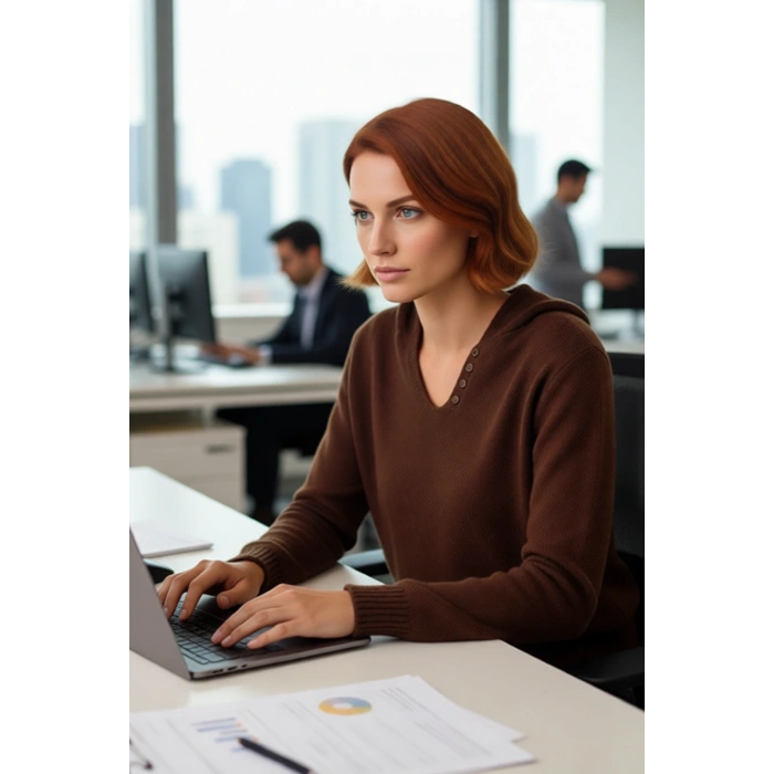 Kadın Düşük Kollu Kahverengi Oversize Triko Kazak Kapüşonlu V Yaka Detaylı Rahat Şıklık Kaliteli