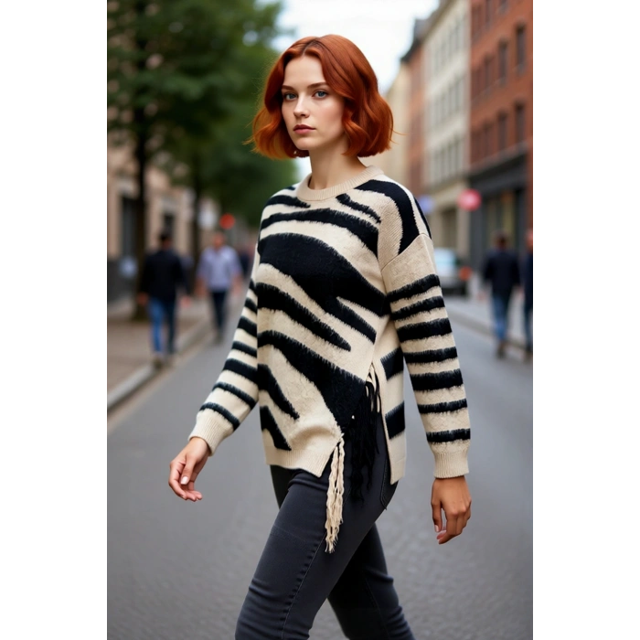 Kadın Düşük Kollu Oversize Bisiklet Yaka Zebra Desenli Triko Kazak Soğuk Havalara Özel Kaliteli