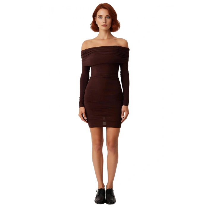 Kadın Düşük Omuz Carmen Yaka Bodycon Kesim Uzun Kol Düz Midi Elbise Sandy Örme Şık Stil Kaliteli