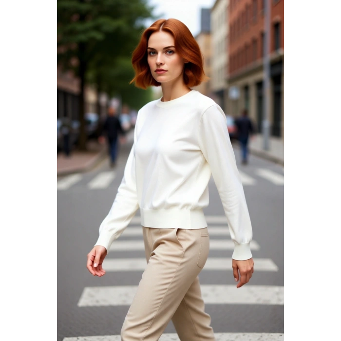 Kadın Düz Bisiklet Yaka Ekru Triko Kazak Regular Kalıbı ile Kışa Özel Şık ve Konforlu Kaliteli