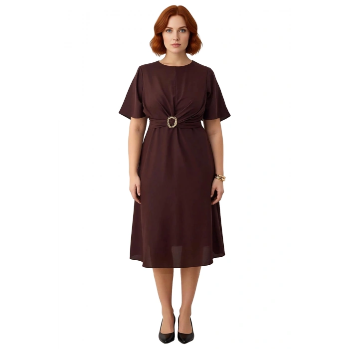 Kadın Düz Bisiklet Yaka Kısa Kollu Dokuma Midi Elbise Şık Kemer Detaylı Büyük Beden Yazlık