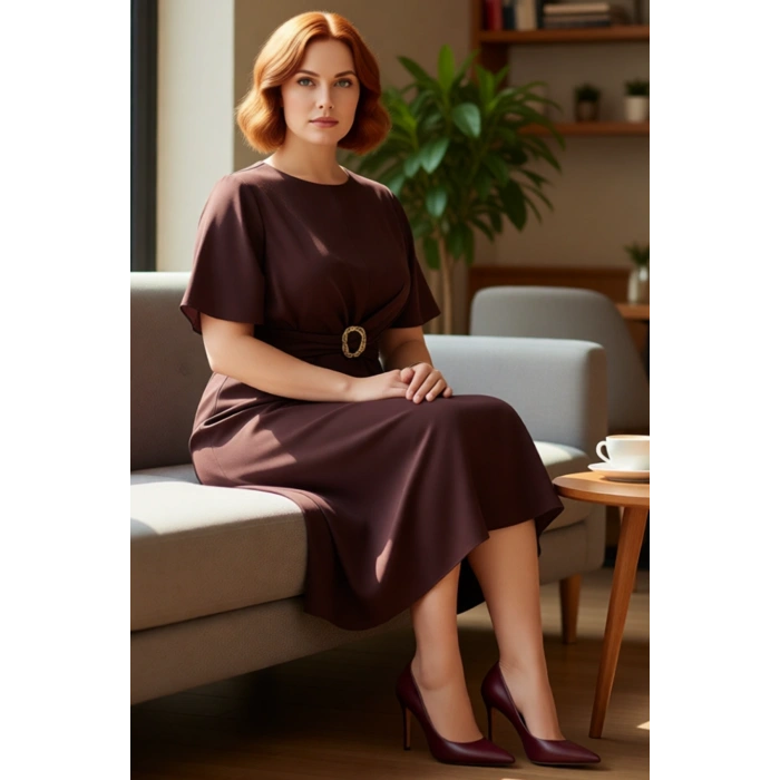 Kadın Düz Bisiklet Yaka Kısa Kollu Dokuma Midi Elbise Şık Kemer Detaylı Büyük Beden Yazlık