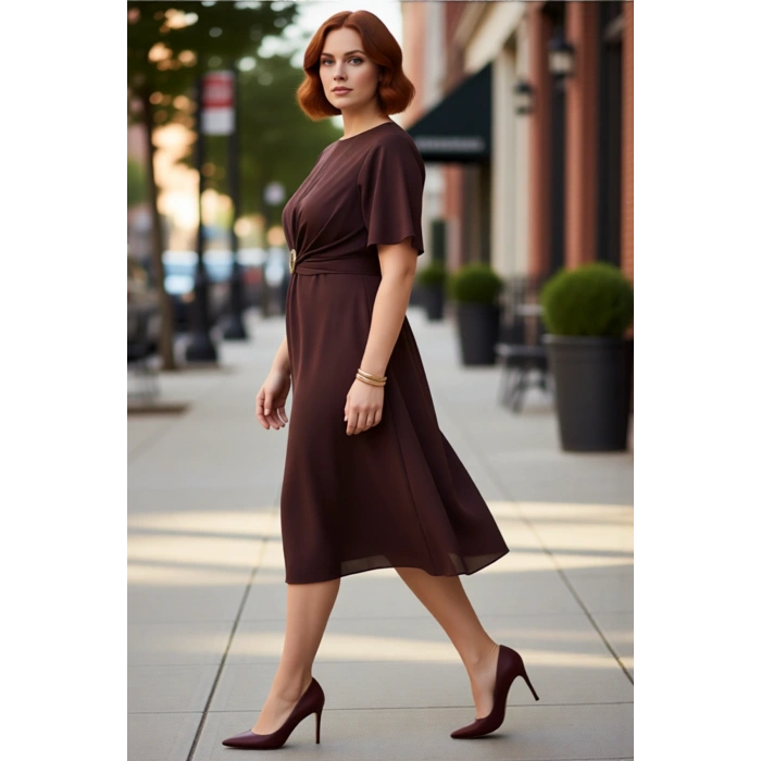 Kadın Düz Bisiklet Yaka Kısa Kollu Dokuma Midi Elbise Şık Kemer Detaylı Büyük Beden Yazlık