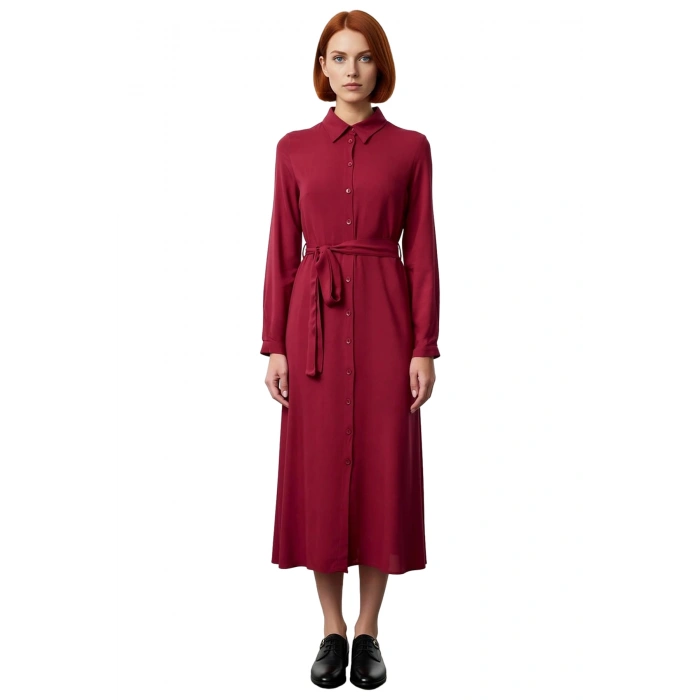 Kadın Düz Bordo Gömlek Yaka Kuşaklı Midi Dokuma Elbise Modern Şıklık Sunar İlkbahar Sonbahar