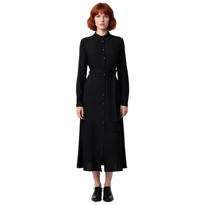 Kadın Düz Bordo Gömlek Yaka Kuşaklı Midi Dokuma Elbise Modern Şıklık Sunar İlkbahar Sonbahar