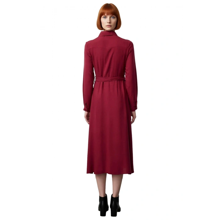 Kadın Düz Bordo Gömlek Yaka Kuşaklı Midi Dokuma Elbise Modern Şıklık Sunar İlkbahar Sonbahar