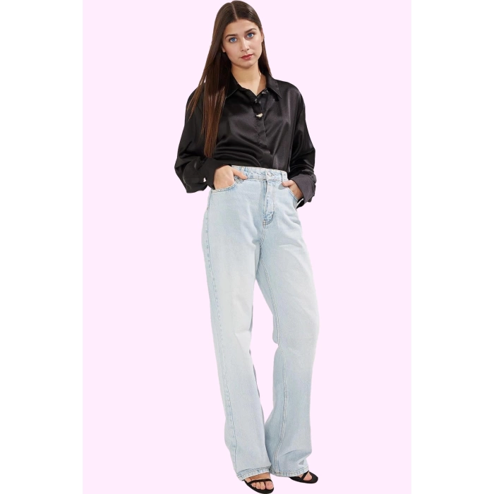 Kadın Düz Denim Wide Leg Pantolon Pamuk Rahat Günlük Kullanım Hafta Sonu Dayanıklı Malzeme