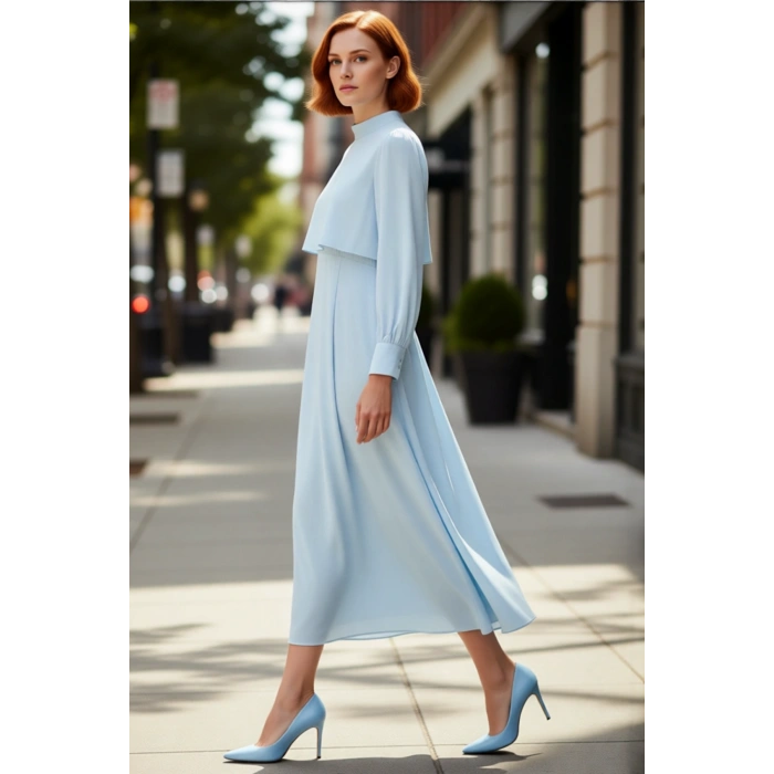 Kadın Düz Desen A Line Maxi Dokuma Elbise Dik Yaka Uzun Kollu İlkbahar Sonbahar Zarafeti Sunar