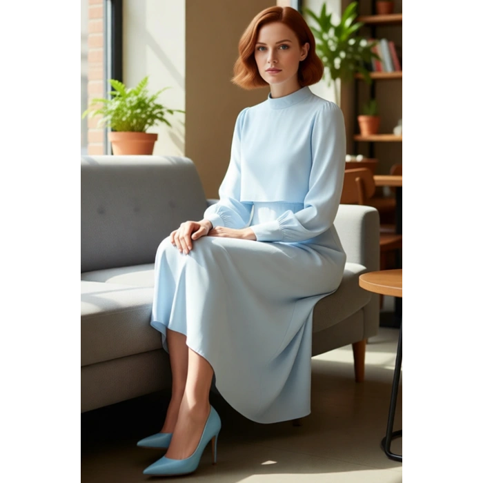 Kadın Düz Desen A Line Maxi Dokuma Elbise Dik Yaka Uzun Kollu İlkbahar Sonbahar Zarafeti Sunar