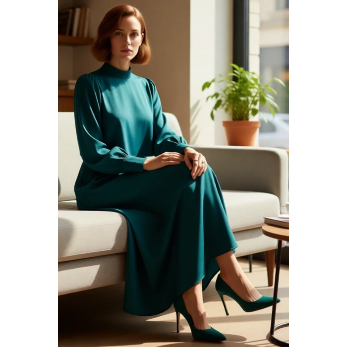 Kadın Düz Desen A Line Maxi Dokuma Elbise Dik Yaka Uzun Kollu İlkbahar Sonbahar Zarafeti Sunar