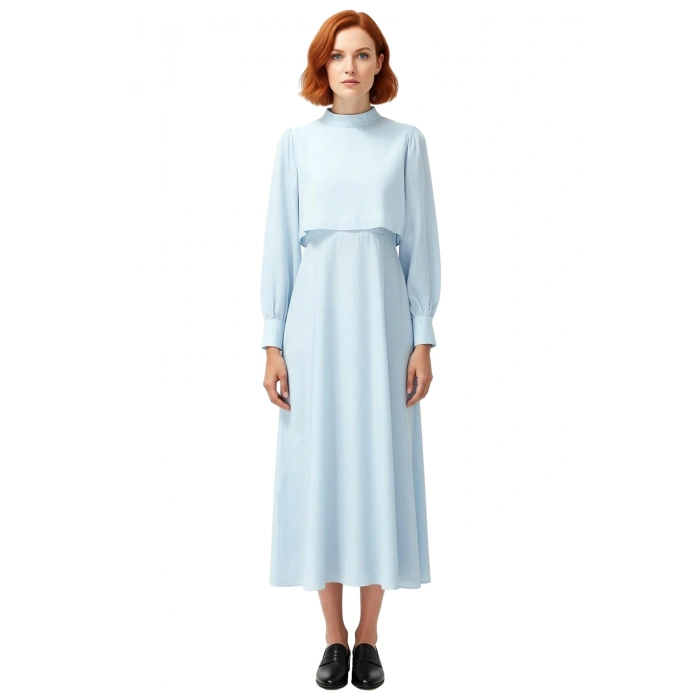 Kadın Düz Desen A Line Maxi Dokuma Elbise Dik Yaka Uzun Kollu İlkbahar Sonbahar Zarafeti Sunar