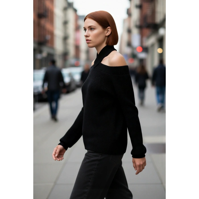 Kadın Düz Desen Akrilik Triko Crop Kesim Omuz Dekolteli Uzun Kollu Soğuk Hava Kazak Kaliteli