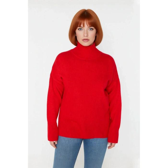 Kadın Düz Desen Akrilik Triko Kazak Relaxed Kalıp Dik Yaka Düşük Kol Kış İçin Konforlu Stil