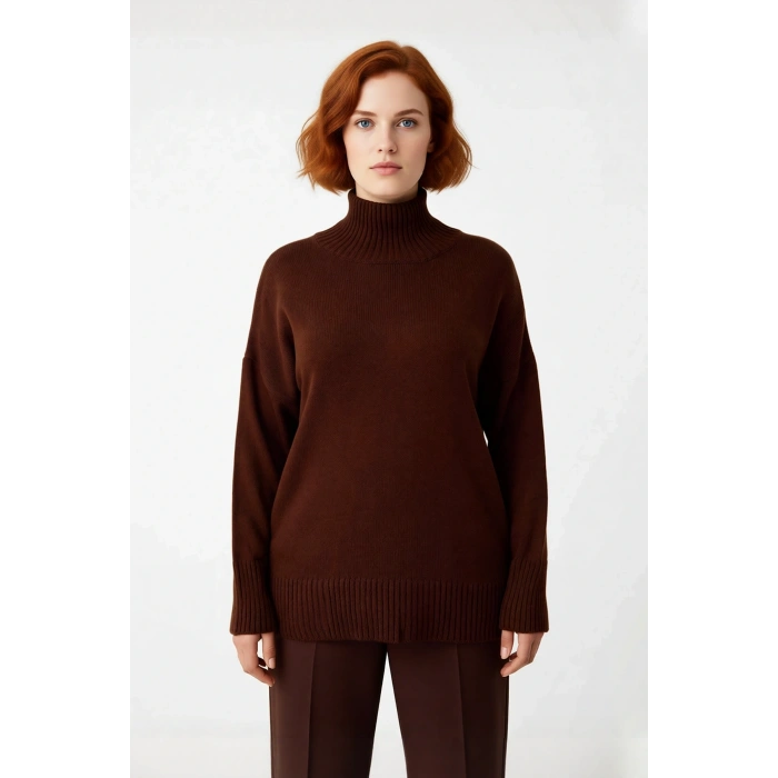 Kadın Düz Desen Akrilik Triko Kazak Relaxed Kalıp Dik Yaka Düşük Kol Kış İçin Konforlu Stil