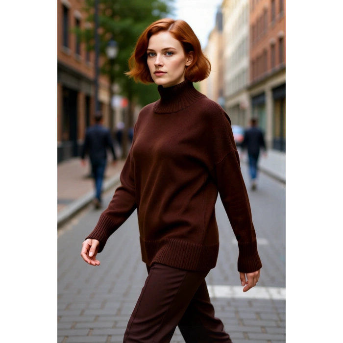 Kadın Düz Desen Akrilik Triko Kazak Relaxed Kalıp Dik Yaka Düşük Kol Kış İçin Konforlu Stil