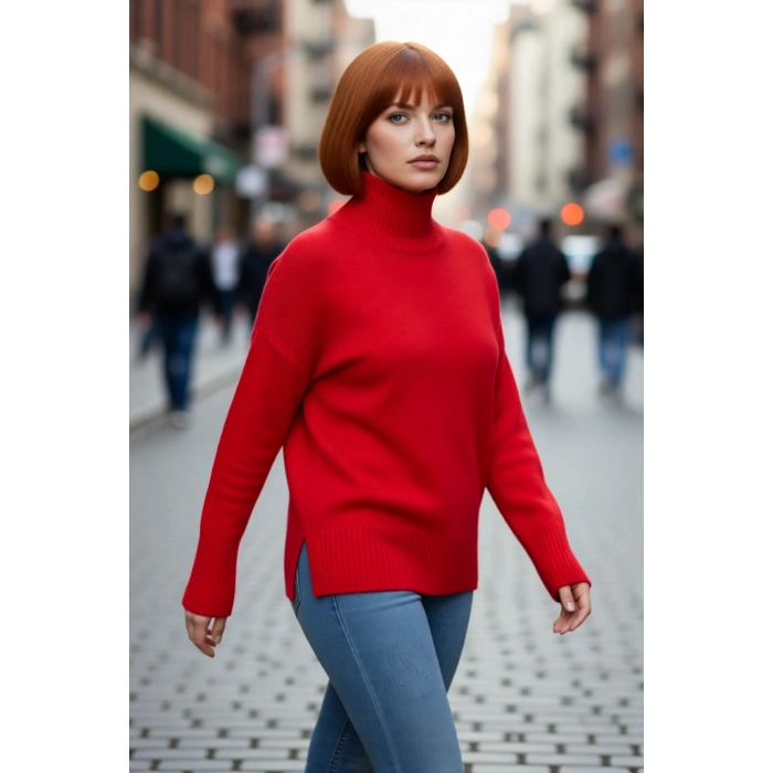 Kadın Düz Desen Akrilik Triko Kazak Relaxed Kalıp Dik Yaka Düşük Kol Kış İçin Konforlu Stil