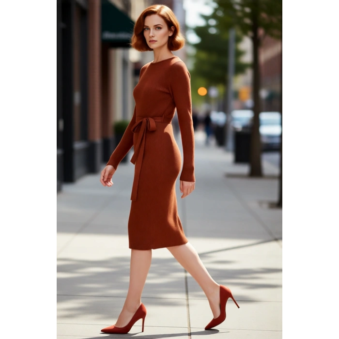 Kadın Düz Desen Akrilik Triko Midi Elbise Kuşaklı Uzun Kollu Rahat Bodycon Kesim İlkbahar Sonbahar