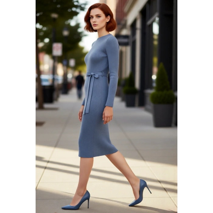 Kadın Düz Desen Akrilik Triko Midi Elbise Kuşaklı Uzun Kollu Rahat Bodycon Kesim İlkbahar Sonbahar