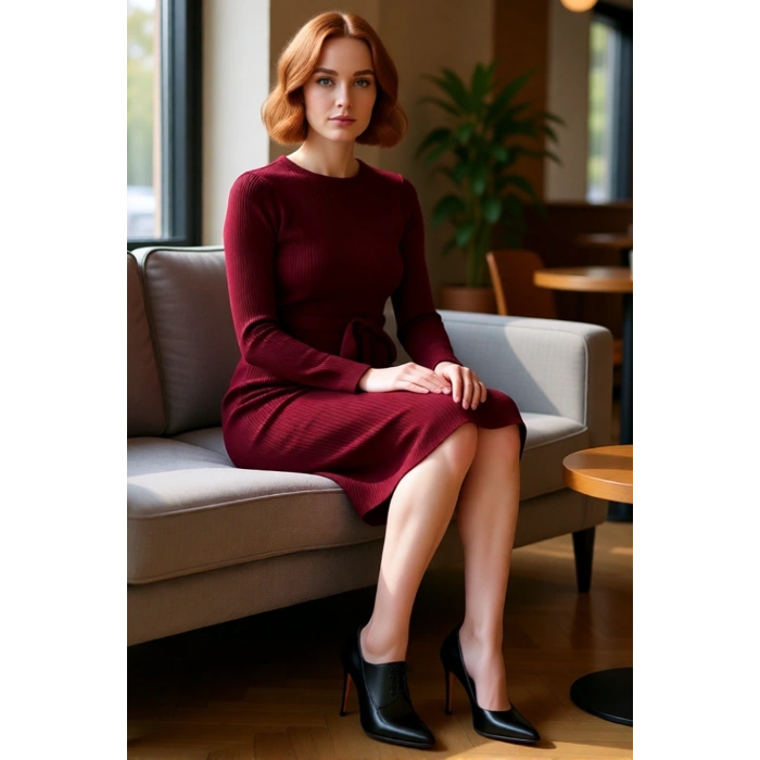 Kadın Düz Desen Akrilik Triko Midi Elbise Kuşaklı Uzun Kollu Rahat Bodycon Kesim İlkbahar Sonbahar