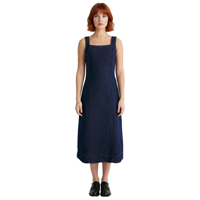 Kadın Düz Desen Askılı Bodycon Midi Denim Elbise Şık ve Rahat Günlük Kombinler İçin Kaliteli