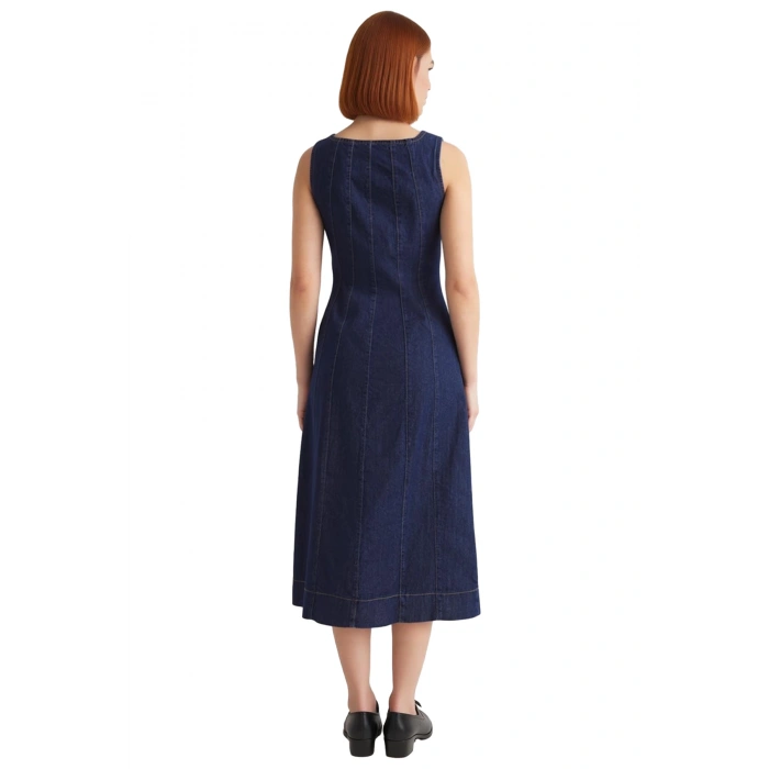 Kadın Düz Desen Askılı Bodycon Midi Denim Elbise Şık ve Rahat Günlük Kombinler İçin Kaliteli