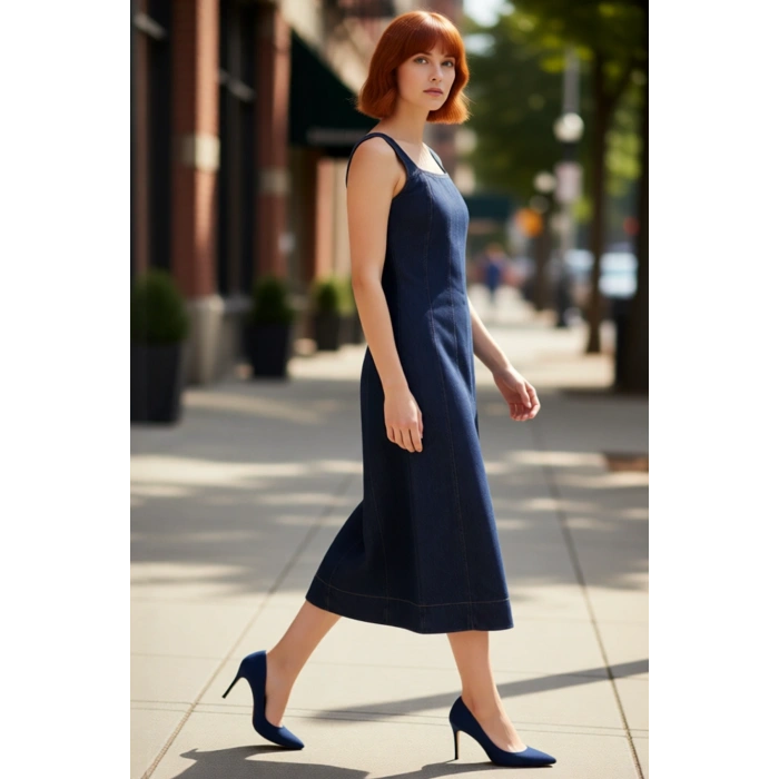 Kadın Düz Desen Askılı Bodycon Midi Denim Elbise Şık ve Rahat Günlük Kombinler İçin Kaliteli