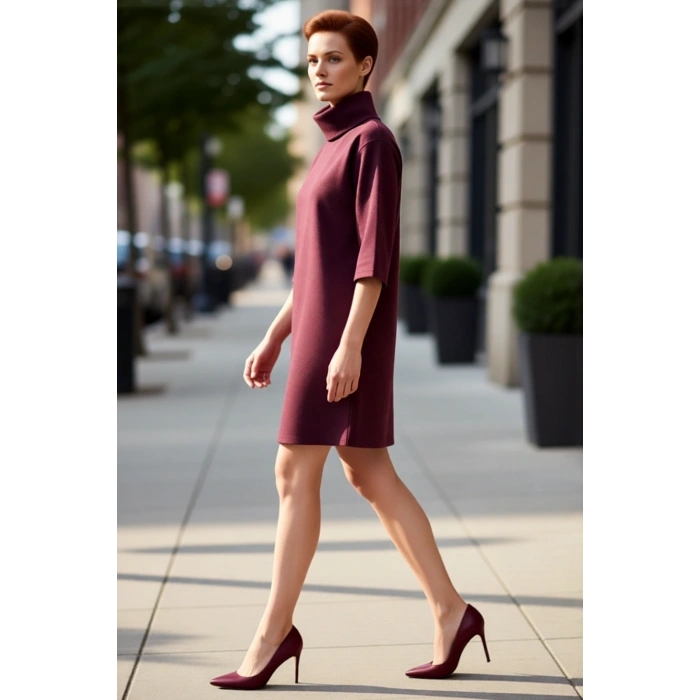 Kadın Düz Desen Balıkçı Yaka Örme Elbise Shift Kalıp Düşük Truvakar Kol Kış Sezonu İçin İdeal Mini