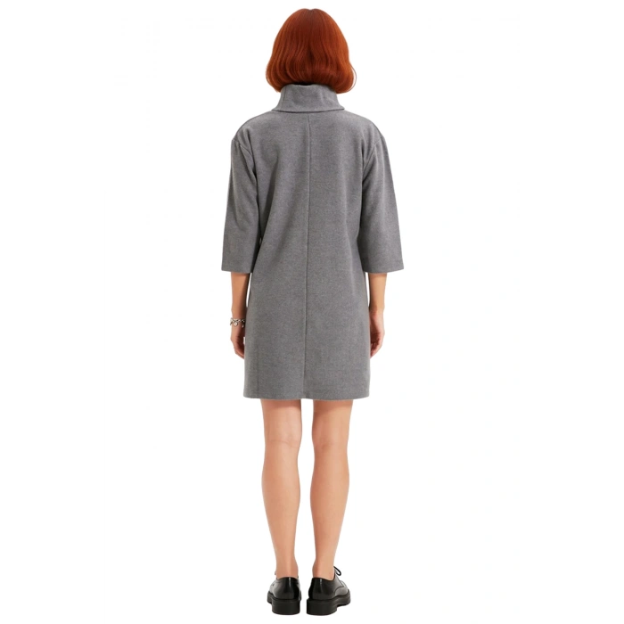 Kadın Düz Desen Balıkçı Yaka Örme Elbise Shift Kalıp Düşük Truvakar Kol Kış Sezonu İçin İdeal Mini