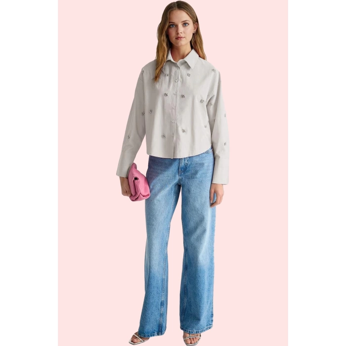 Kadın Düz Desen Basic Gömlek Uzun Kollu Terrycotton Kumaş Yaz Günlük Kullanım Modern Tasarım