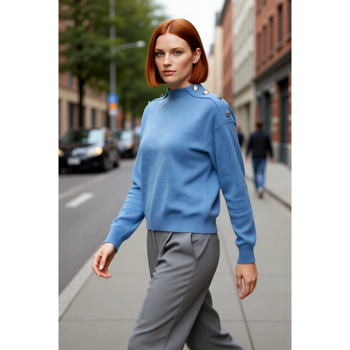 Kadın Düz Desen Basic Triko Kazak Omuzları Düğmeli Casual Şıklık Sunan Kışlık Bir Parça Kaliteli