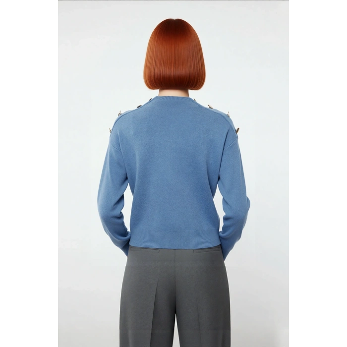 Kadın Düz Desen Basic Triko Kazak Omuzları Düğmeli Casual Şıklık Sunan Kışlık Bir Parça Kaliteli