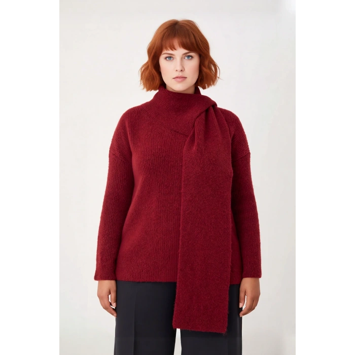 Kadın Düz Desen Bordo Triko Kazak Şal Detaylı Yün İçerikli Kalın Yapısı ile Kışlık Rahatlık Sunar