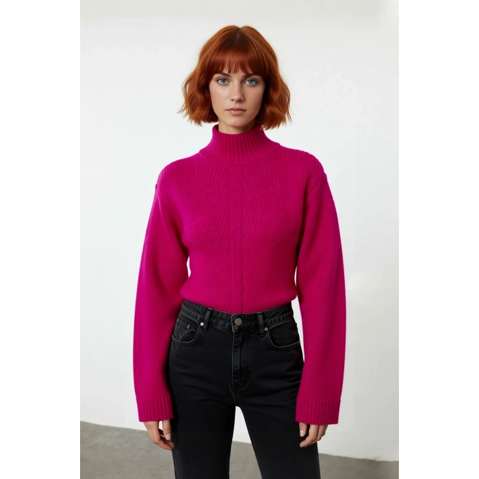 Kadın Düz Desen Dik Yaka Balon Kol Crop Kesim Triko Kazak Kışlık Akrilik Karışımlı Günlük Giyim