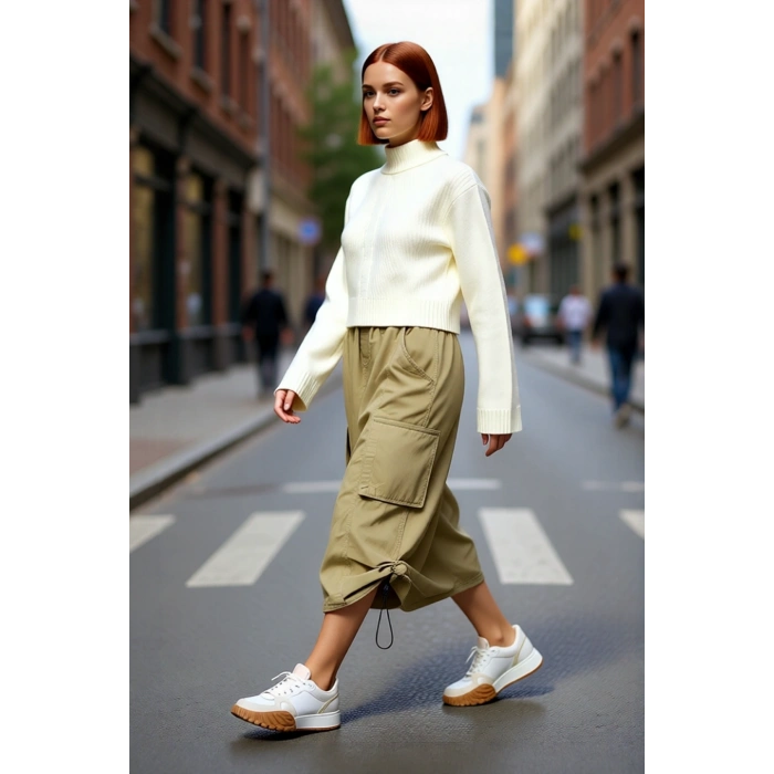 Kadın Düz Desen Dik Yaka Balon Kol Crop Kesim Triko Kazak Kışlık Akrilik Karışımlı Günlük Giyim