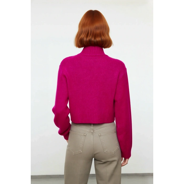 Kadın Düz Desen Dik Yaka Balon Kol Crop Kesim Triko Kazak Kışlık Akrilik Karışımlı Günlük Giyim