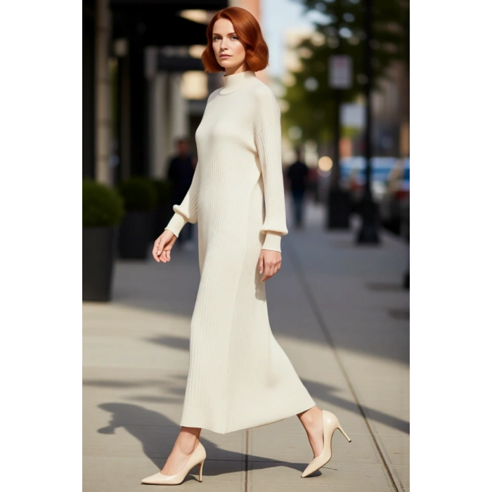 Kadın Düz Desen Dik Yaka Düşük Kol Maxi Triko Elbise Şık Shift Kalıbıyla Kışlık Konfor Sunar