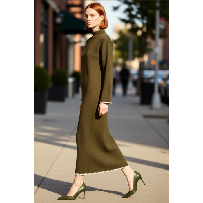 Kadın Düz Desen Dik Yaka Uzun Düşük Kol Maxi Boy Shift Kalıp Akrilik Triko Elbise Günlük Şıklık