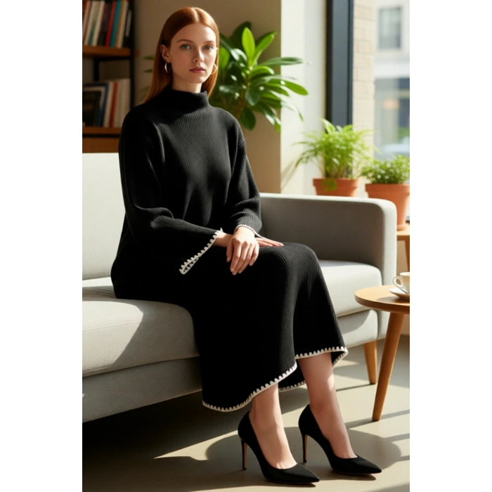 Kadın Düz Desen Dik Yaka Uzun Düşük Kol Maxi Boy Shift Kalıp Akrilik Triko Elbise Günlük Şıklık