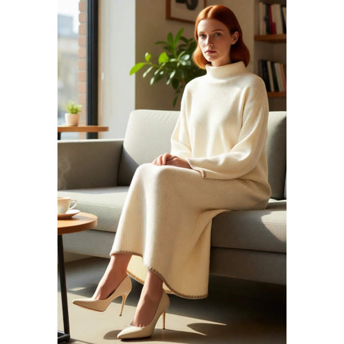 Kadın Düz Desen Dik Yaka Uzun Düşük Kol Maxi Boy Shift Kalıp Akrilik Triko Elbise Günlük Şıklık