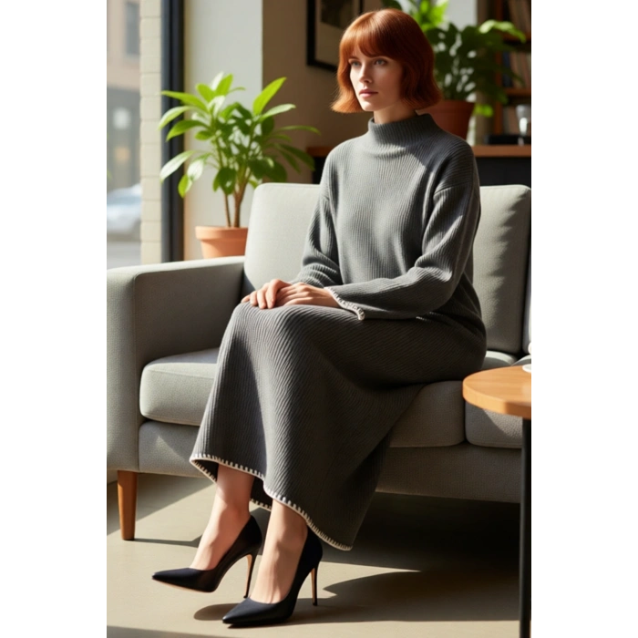 Kadın Düz Desen Dik Yaka Uzun Düşük Kol Maxi Boy Shift Kalıp Akrilik Triko Elbise Günlük Şıklık