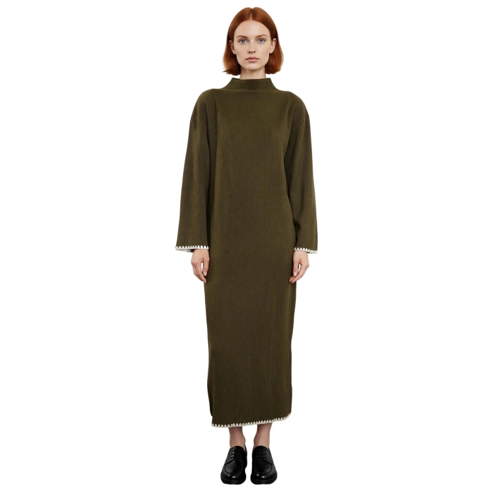 Kadın Düz Desen Dik Yaka Uzun Düşük Kol Maxi Boy Shift Kalıp Akrilik Triko Elbise Günlük Şıklık