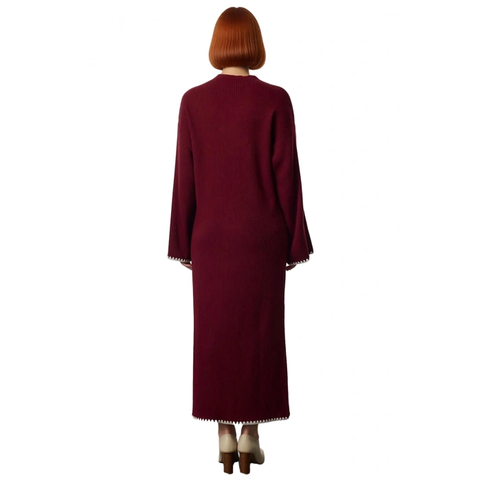 Kadın Düz Desen Dik Yaka Uzun Düşük Kol Maxi Boy Shift Kalıp Akrilik Triko Elbise Günlük Şıklık