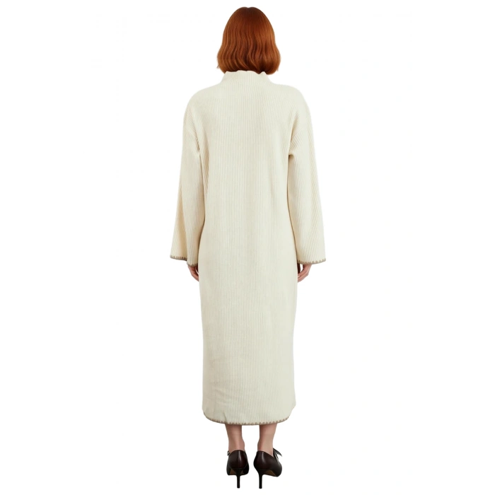 Kadın Düz Desen Dik Yaka Uzun Düşük Kol Maxi Boy Shift Kalıp Akrilik Triko Elbise Günlük Şıklık