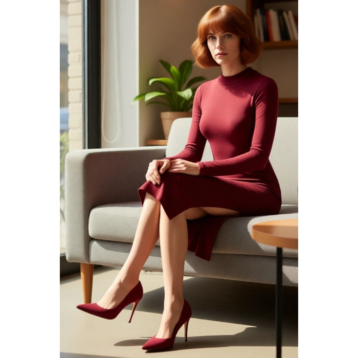 Kadın Düz Desen Dik Yaka Uzun Kollu Bodycon Midi Elbise Yırtmaç Detayı ile Modern Bir Dokunuş